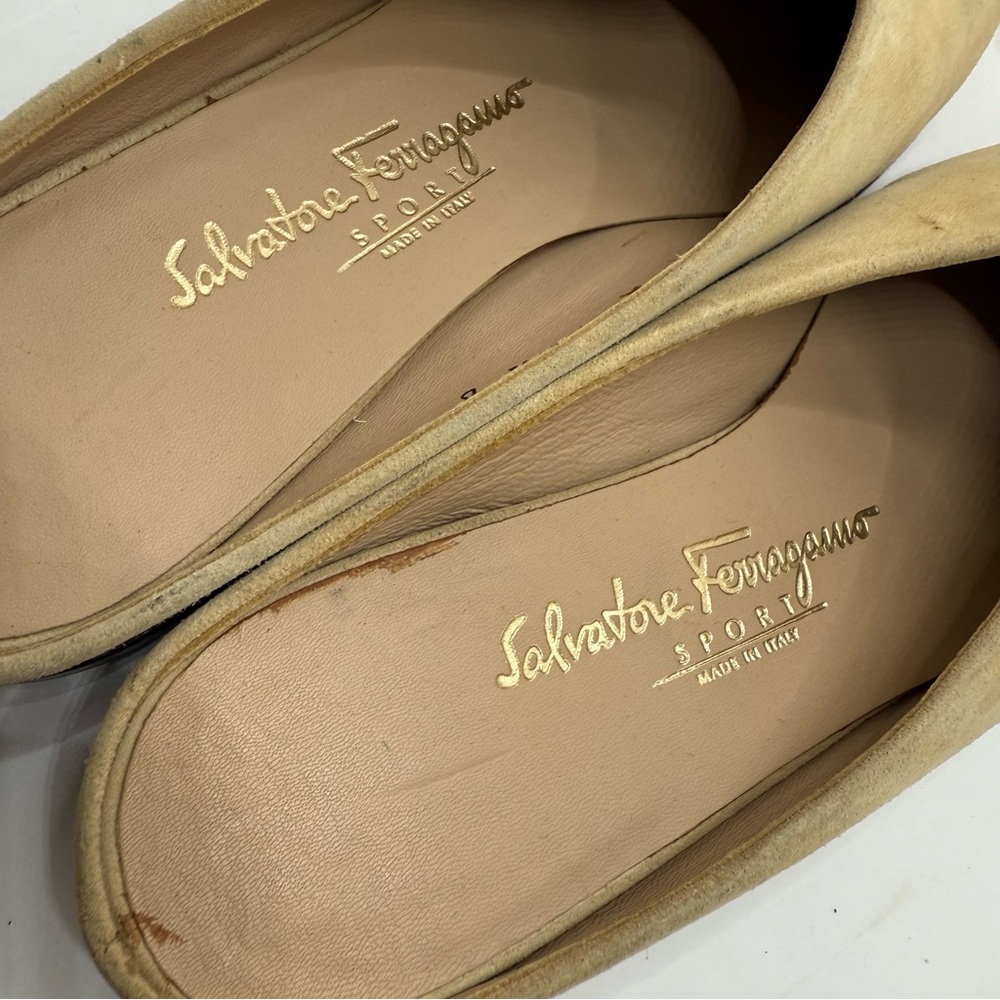 Salvatore Ferragamo Sport Khaki Light Tan Suede Mule Loafer Slip-On Flats - Picture 6 of 9